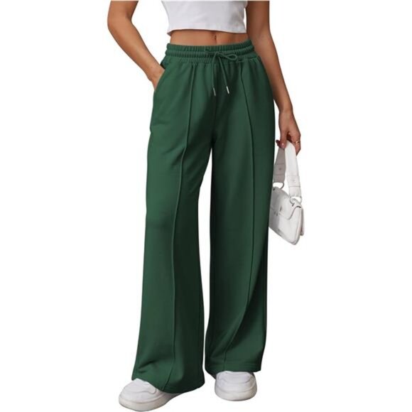 Womens Wide Leg Sweatpants High Waisted Green - Picture 1 of 6
